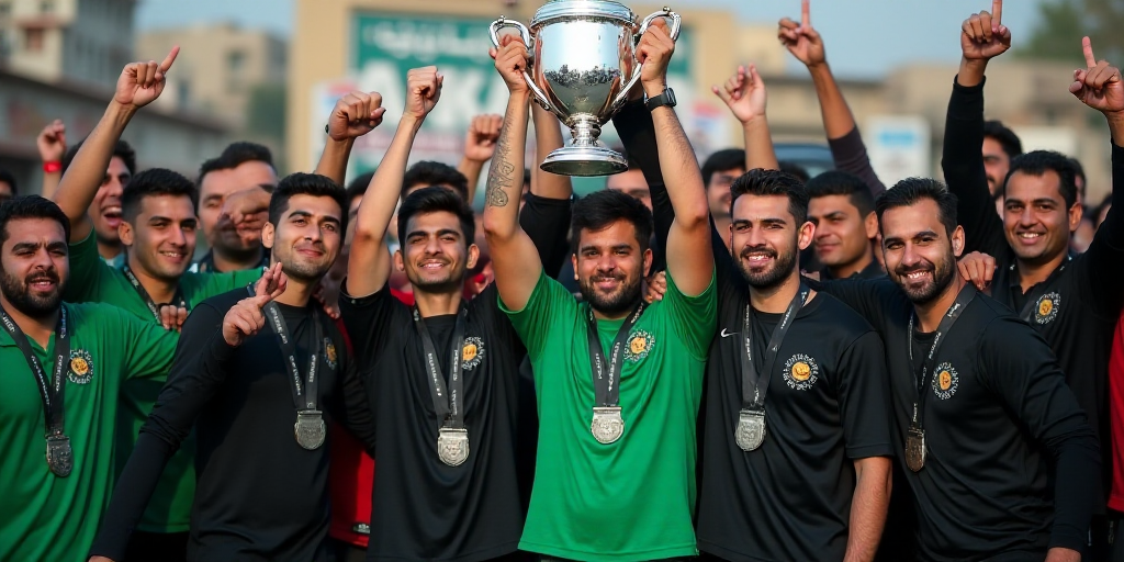 a group of men holding a trophy in front of a crowd of people wearing black and green shirts and hol