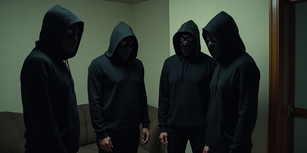 a group of men in black hoods and masks standing in a room with a couch and a door, Estuardo Maldona