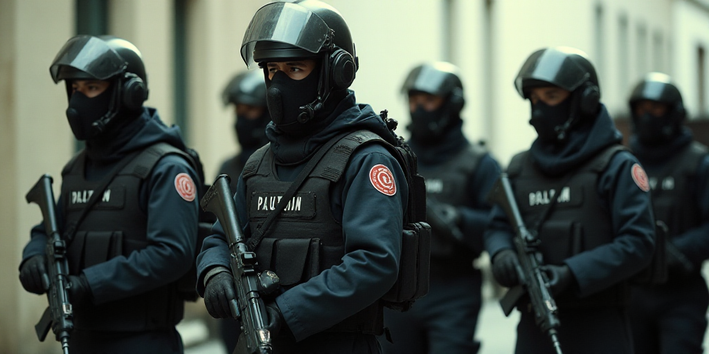 a group of men in riot gear standing next to each other with a gun in their hand and a man in a helm