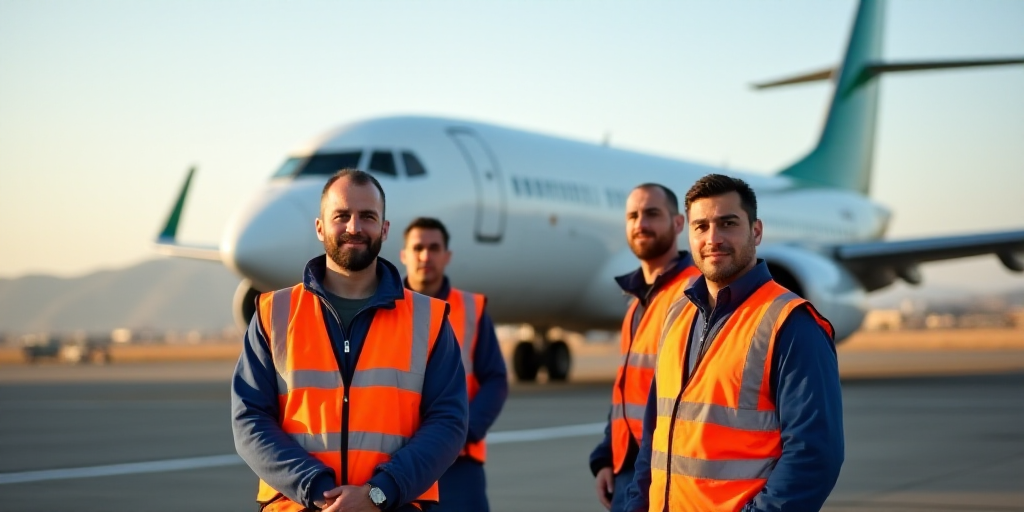 a group of men in safety vests standing next to a plane on a runway with a plane in the background,