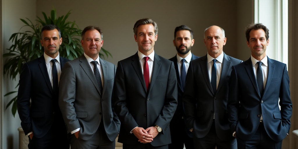 a group of men in suits and ties standing next to each other in a room with a plant in the backgroun