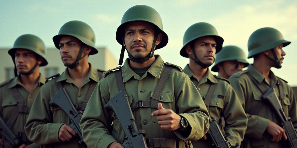 a group of men in uniform standing next to each other with helmets on and holding guns in their hand