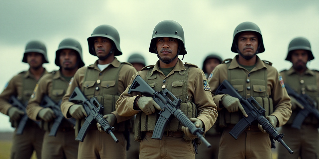 a group of men in uniform standing next to each other with helmets on and holding guns in their hand