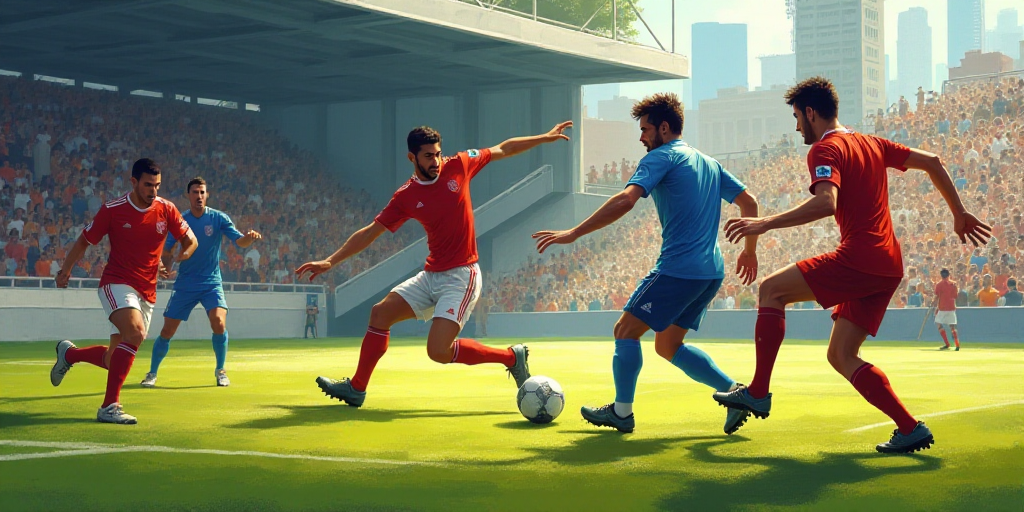 a group of men playing a game of soccer on a field with spectators watching from the stands behind t