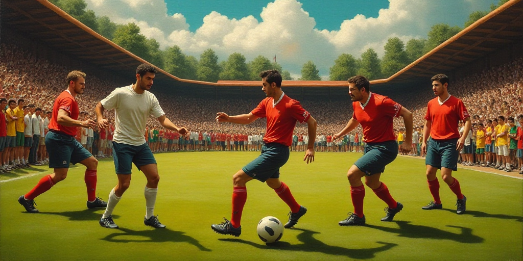 a group of men playing a game of soccer on a field with a crowd watching them from the stands, Carlo