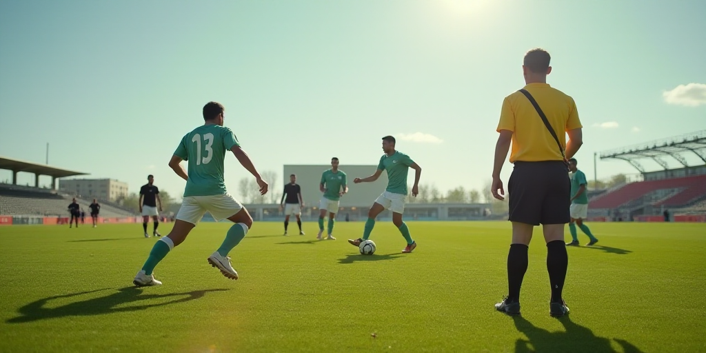 a group of men playing a game of soccer on a field of grass with a referee watching on the sidelines