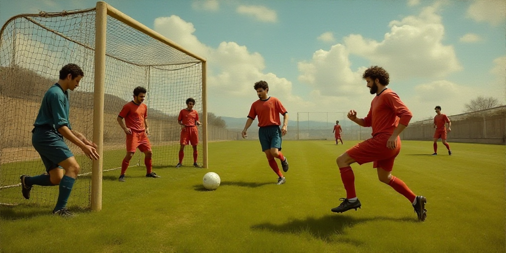 a group of men playing soccer on a field of grass with a goalie reaching for the ball in front of th