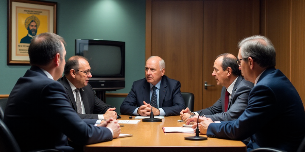 a group of men sitting around a table with a microphone in front of them and a tv on the wall, Anton