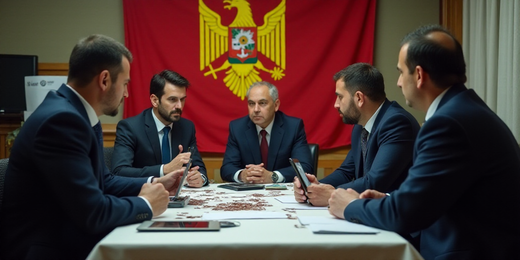 a group of men sitting around a table with papers and laptops in front of them and a flag behind the