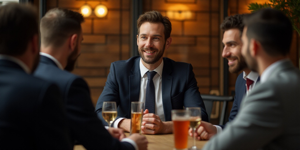 a group of men sitting at a table with drinks in front of them and one man in a suit, Dan Scott, fac