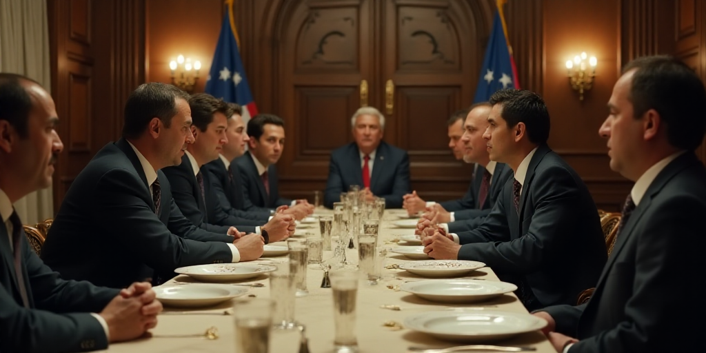 a group of men sitting at a table with plates and glasses on it in a room with flags and other peopl