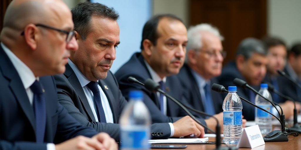 a group of men sitting at a table with water bottles and microphones in front of them and a sign beh