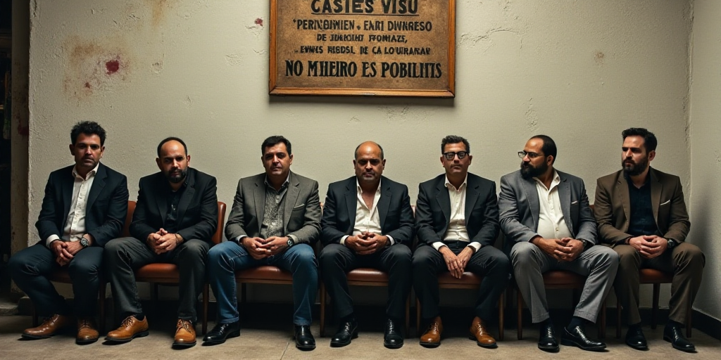 a group of men sitting next to each other on chairs in front of a wall with a sign behind them, Estu