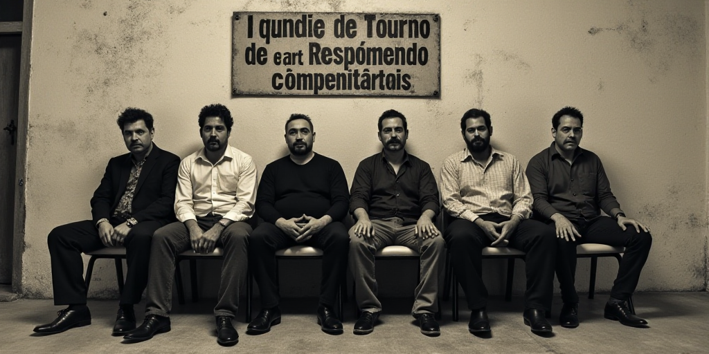 a group of men sitting next to each other on chairs in front of a wall with a sign behind them, Estu