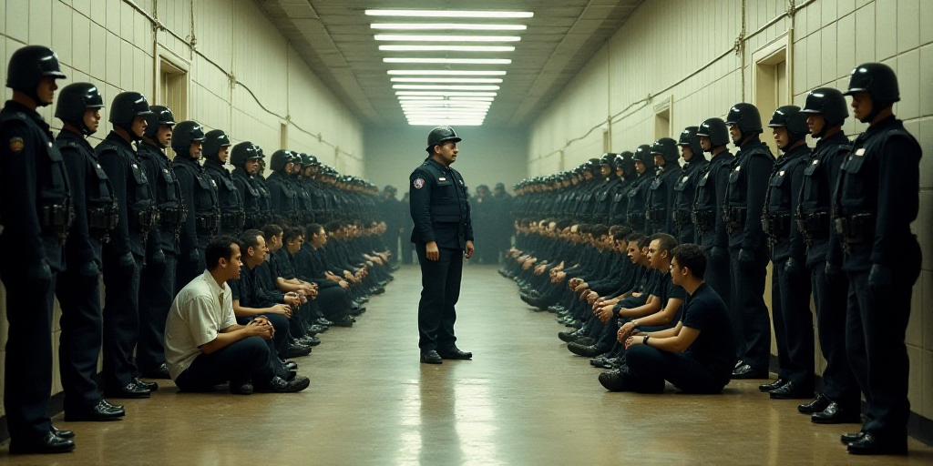 a group of men sitting on the floor in front of a group of police officers in a hallway with a group