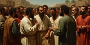 a group of men standing around each other in front of a crowd of people with their mouths open and o