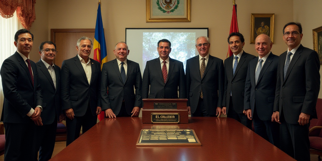a group of men standing around a table with a plaque in front of them and flags behind them and a si