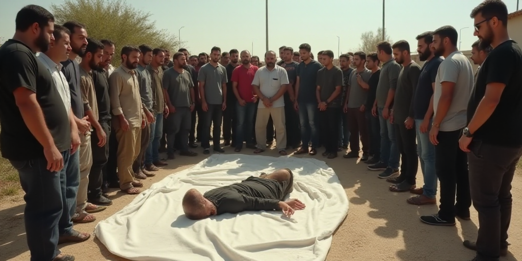 a group of men standing around a man on the ground with a white sheet on the ground and a man in a b