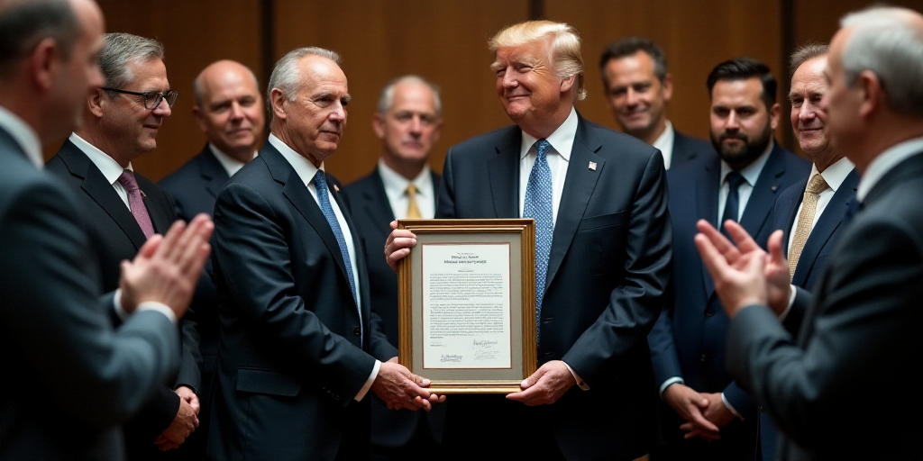 a group of men standing around each other holding a framed document with president donald trump in t