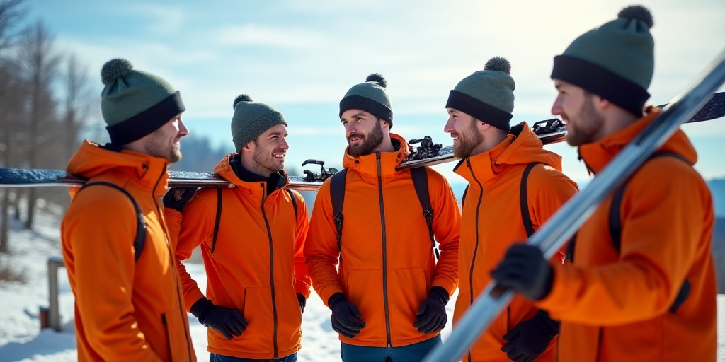a group of men standing around each other in orange shirts and orange hats with skis on their should