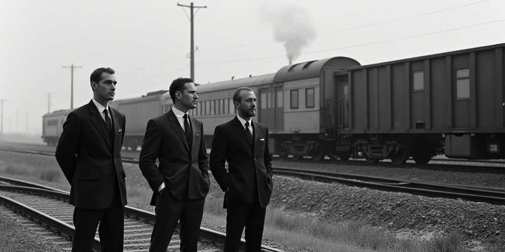 a group of men standing in front of a train on a track with a train on it's side, Dahlov Ipcar, oil,