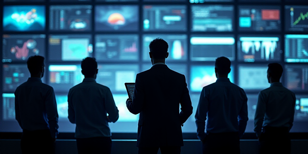 a group of men standing in front of a wall of monitors and screens with a man holding a tablet, Andr