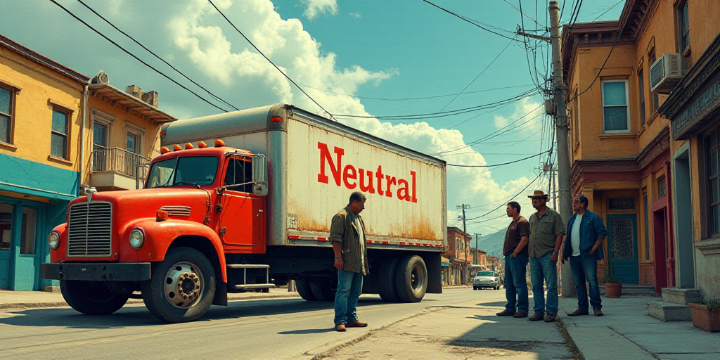 a group of men standing next to a truck on a street near a building with a sign that says neutral, C