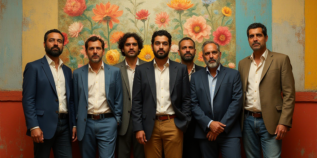 a group of men standing next to each other in front of a painting of flowers on a wall behind them,
