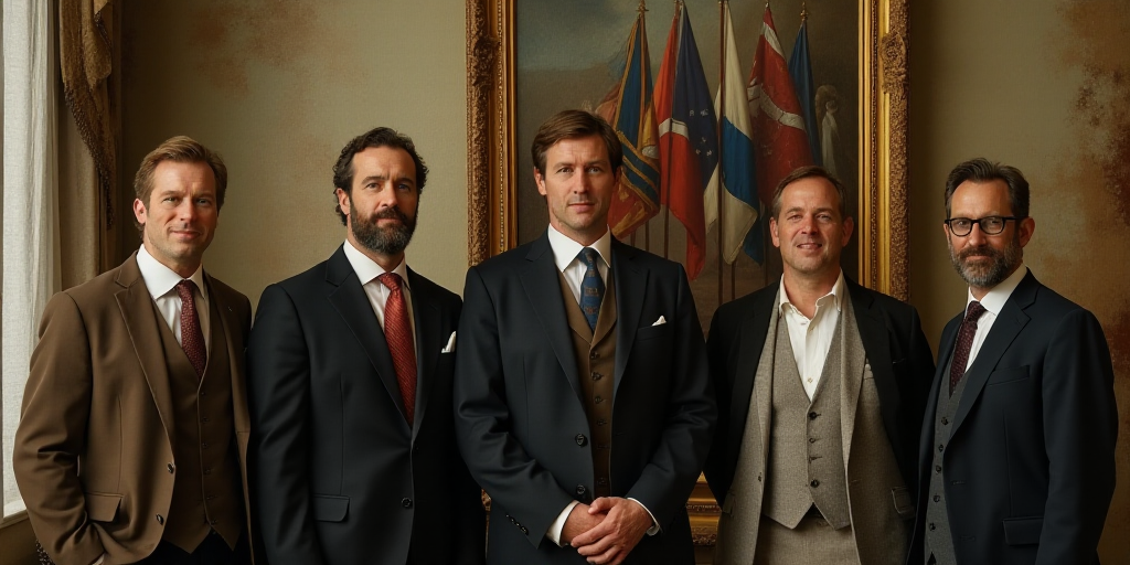 a group of men standing next to each other in front of a painting of flags and a painting of a man i