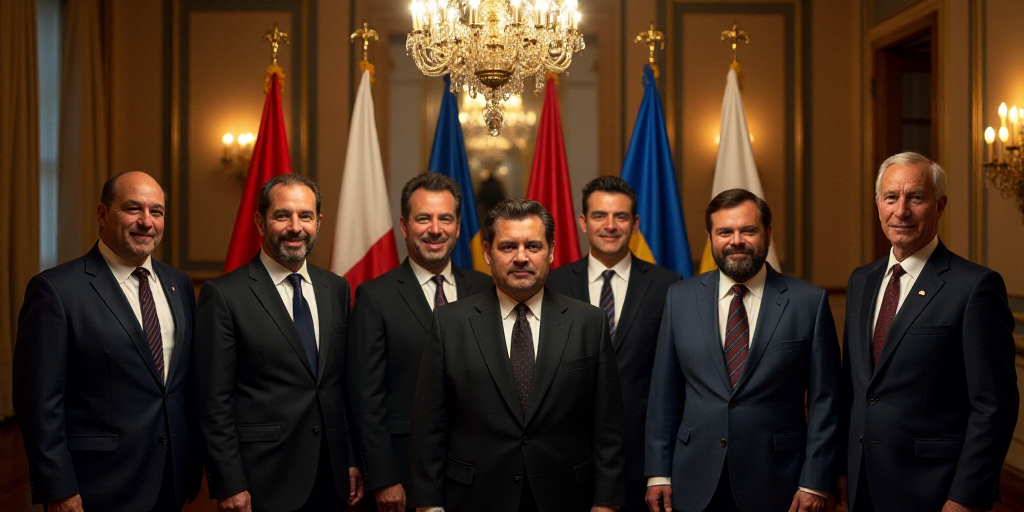 a group of men standing next to each other in front of flags and a chandelier in a room, Eduardo Lef