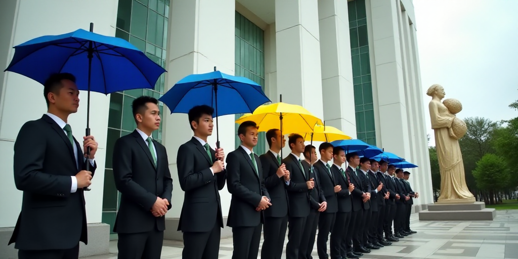 a group of men standing next to each other holding a blue and yellow umbrellas in front of a tall bu