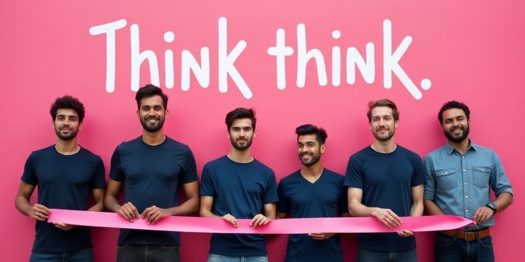 a group of men standing next to each other holding a ribbon in front of a pink background with the w