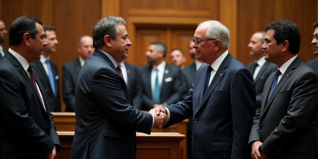 a group of men standing next to each other shaking hands in a room with other men in the background,