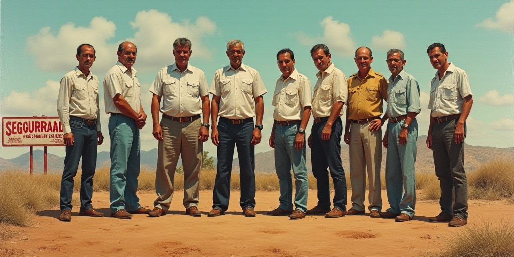 a group of men standing next to each other on a dirt field with a sign in the background that says s