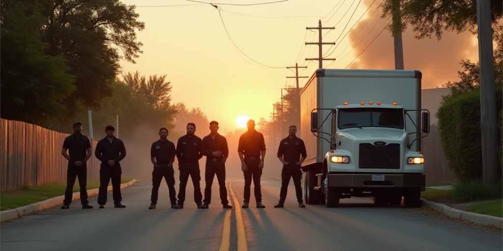 a group of men standing next to a white truck on a street next to a fence and trees and bushes, Elbr