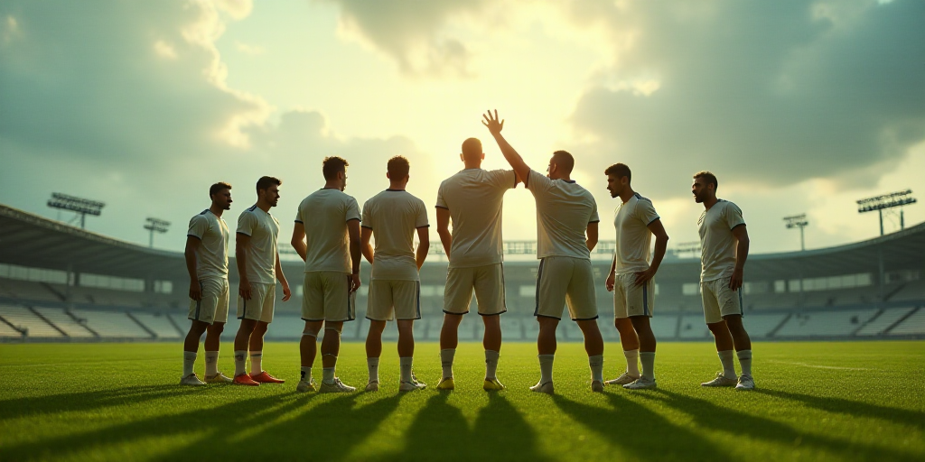 a group of men standing on top of a soccer field together on a field of grass with one man holding h