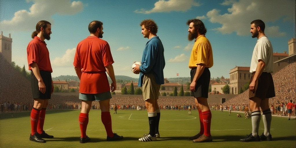 a group of men standing on top of a soccer field next to each other on a field with a crowd of peopl