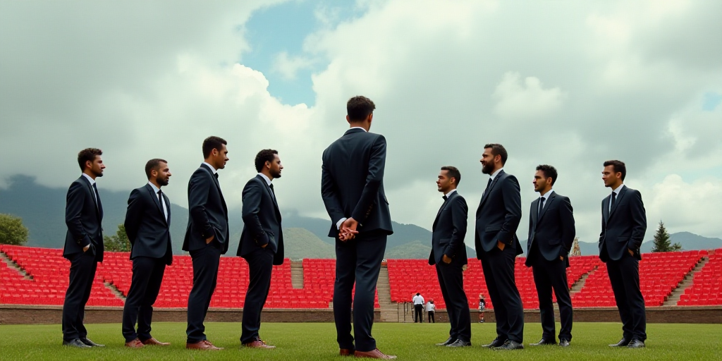 a group of men standing on top of a field next to each other on a field of grass and red chairs, Fed