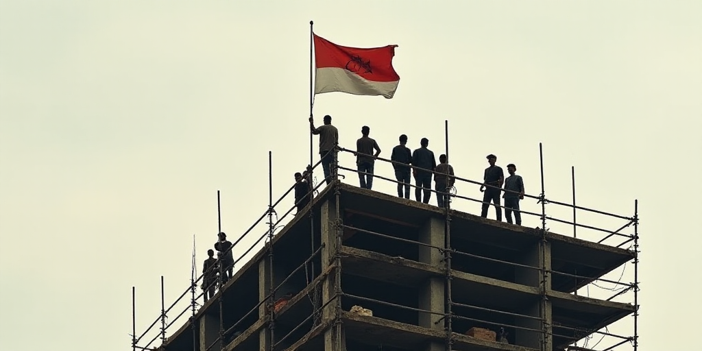 a group of men standing on top of a tall building under construction with scaffolding around them an