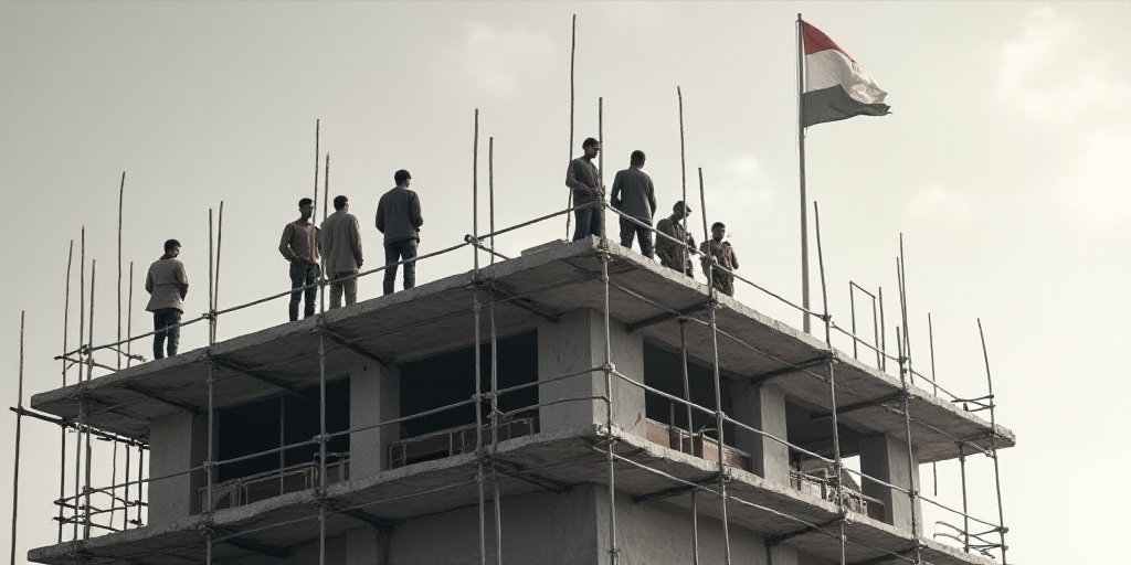 a group of men standing on top of a tall building under construction with scaffolding around them an