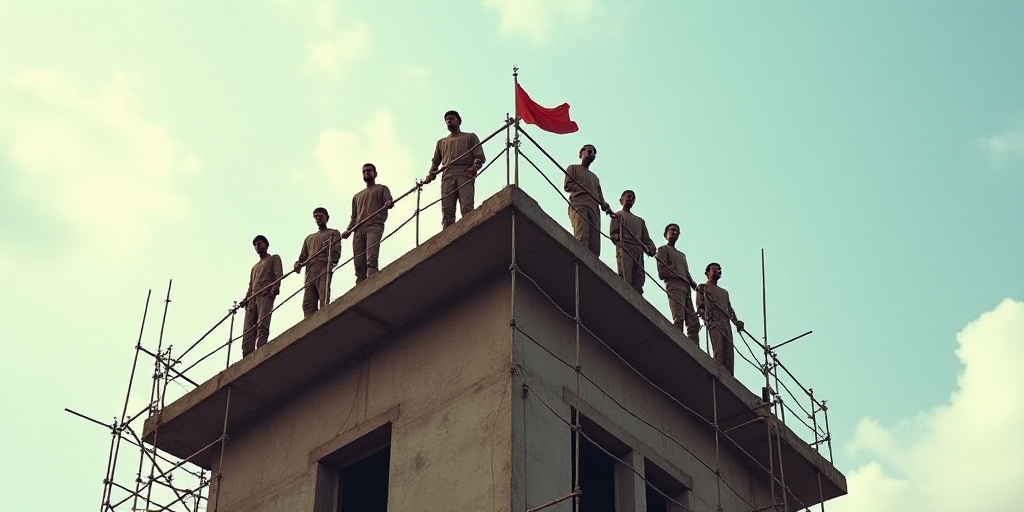 a group of men standing on top of a tall building under construction with scaffolding around them an