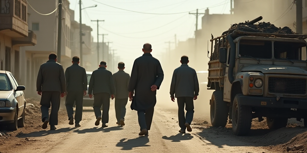 a group of men walking down a street next to a car and a truck with a burnt roof and a lot of trash,