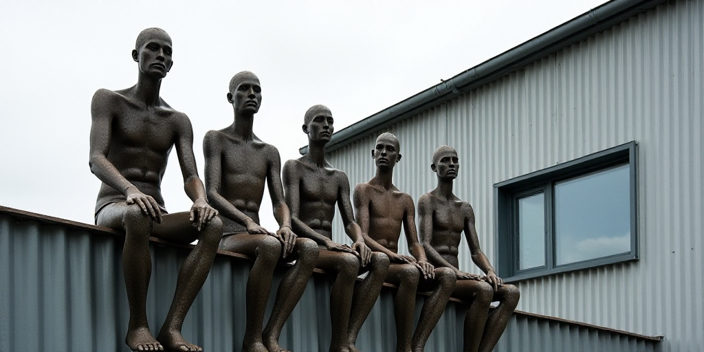 a group of metal sculptures sitting on top of a metal wall next to a building with a window on it, D