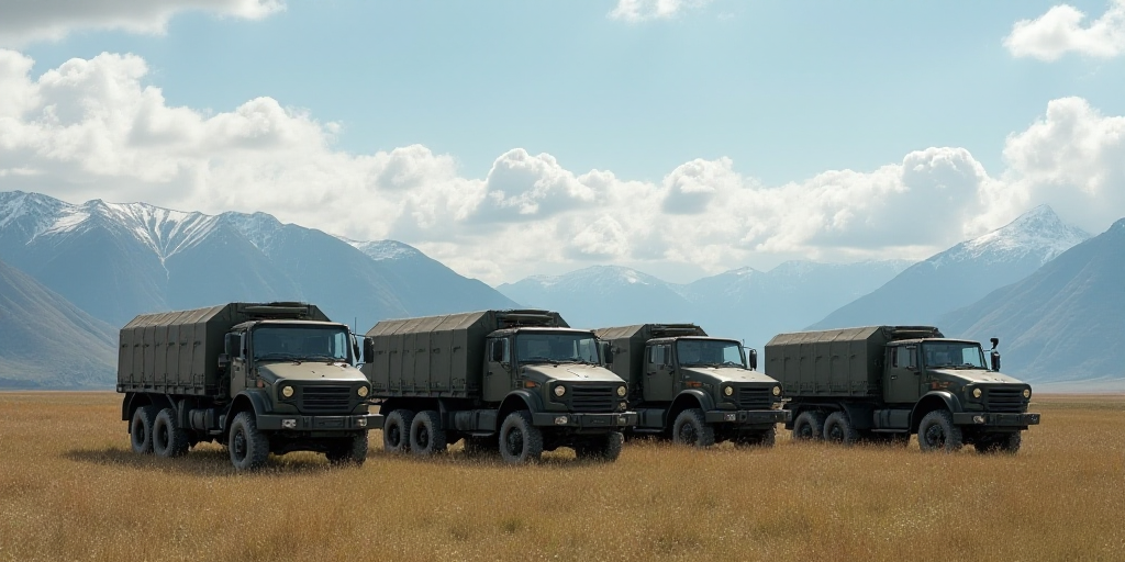a group of military vehicles parked in a field with mountains in the background and a sky background