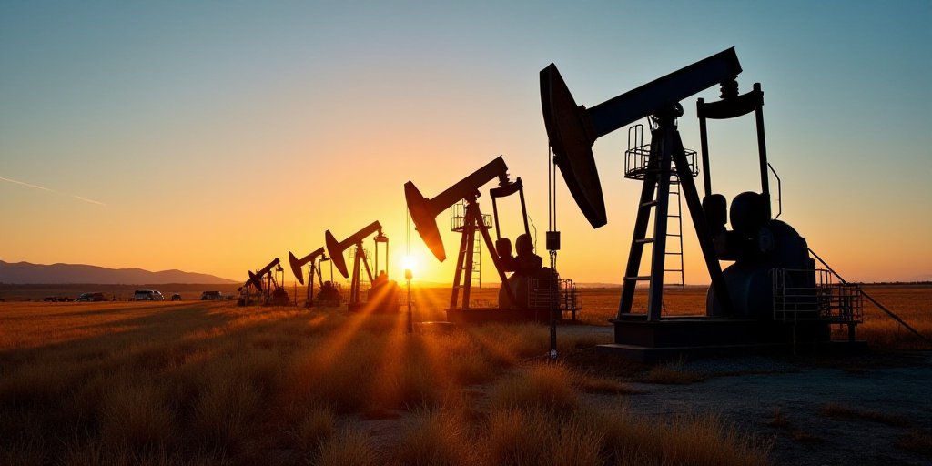 a group of oil pumps sitting next to each other on a field at sunset with a blue sky in the backgrou