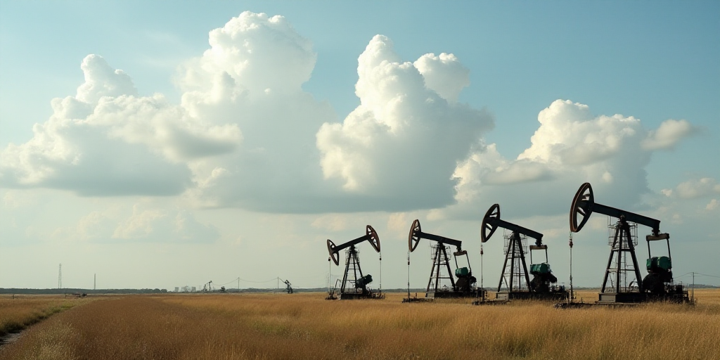 a group of oil pumps sitting on top of a field next to a sky filled with clouds and clouds, Andries