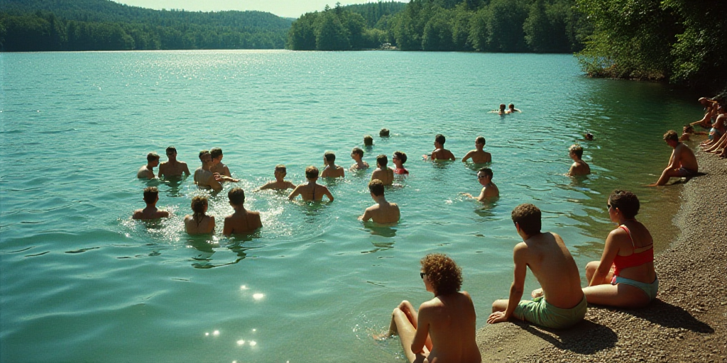 a group of people are swimming in a lake together, while others are sitting on the edge of the water