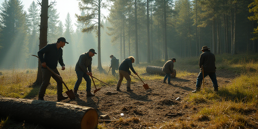 a group of people are working in a field with trees and a log in the foreground, and a man is holdin