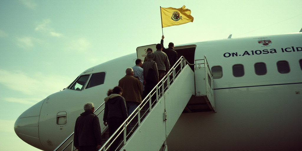 a group of people boarding a plane with a flag on it's side and stairs leading up to the plane, Estu