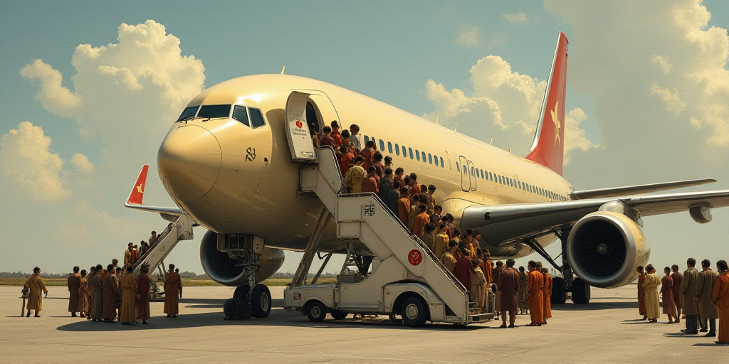 a group of people boarding a plane on a runway with stairs leading up to the plane and a crowd of pe